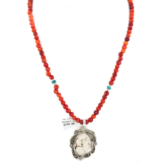 .925 Sterling Silver Certified Authentic Navajo Natural White Buffalo Coral Native American Necklace & Pendant 18279-4-95001