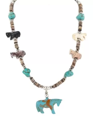 Carved Fetish Horse .925 Sterling Silver Certified Authentic Navajo Natural Jasper Bone Graduated Melon Shell Native American Necklace 18266