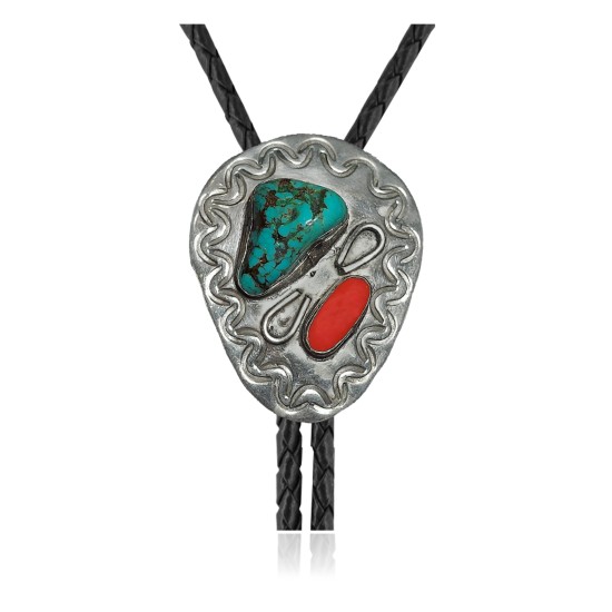 Handmade Certified Authentic Navajo .925 Sterling Silver Native American Natural Turquoise Coral Bolo Tie 34155