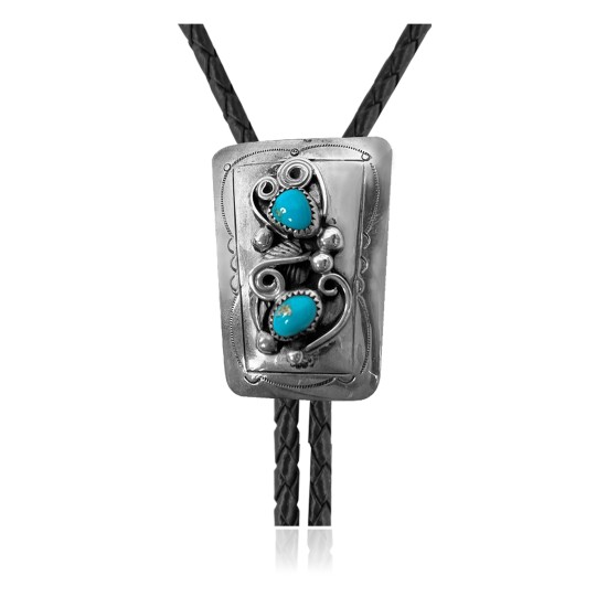 Handmade Certified Authentic Navajo .925 Sterling Silver Native American Natural Turquoise Bolo Tie 34156