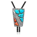 Feather .925 Sterling Silver Certified Authentic Handmade Navajo Native American Natural Turquoise Coral Bolo Tie 34159