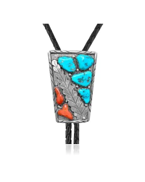 Feather .925 Sterling Silver Certified Authentic Handmade Navajo Native American Natural Turquoise Coral Bolo Tie 34159 Feather .925 Sterling Silver Certified Authentic Handmade Navajo Native American Natural Turquoise Coral Bolo Tie 34159