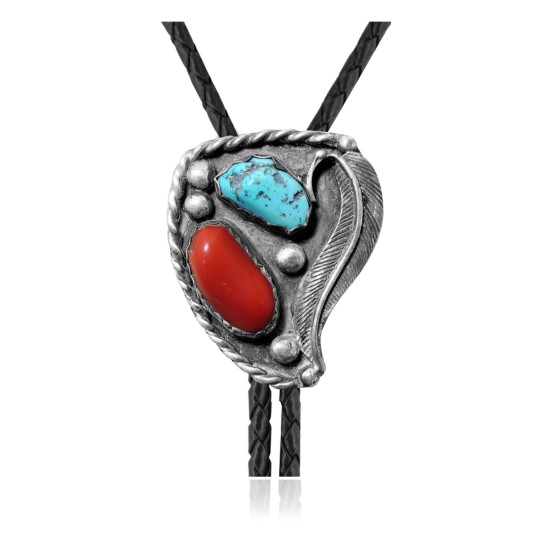 Feather .925 Sterling Silver Certified Authentic Handmade Navajo Native American Natural Turquoise Coral Bolo Tie 34160