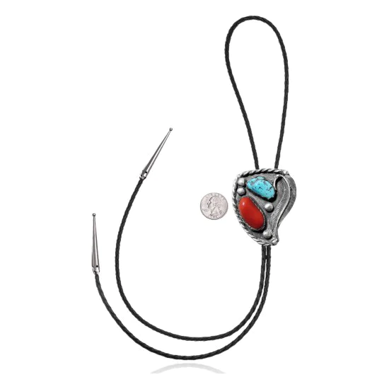 Feather .925 Sterling Silver Certified Authentic Handmade Navajo Native American Natural Turquoise Coral Bolo Tie 34160 Feather .925 Sterling Silver Certified Authentic Handmade Navajo Native American Natural Turquoise Coral Bolo Tie 34160