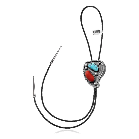 Feather .925 Sterling Silver Certified Authentic Handmade Navajo Native American Natural Turquoise Coral Bolo Tie 34160 Feather .925 Sterling Silver Certified Authentic Handmade Navajo Native American Natural Turquoise Coral Bolo Tie 34160