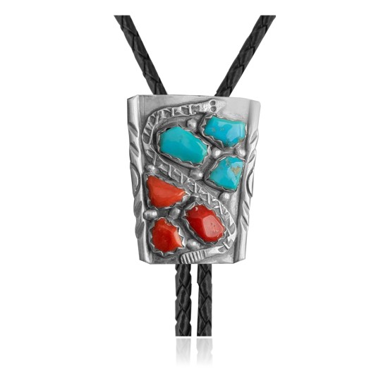 Handmade Certified Authentic Navajo .925 Sterling Silver Native American Natural Turquoise Coral Bolo Tie 34161