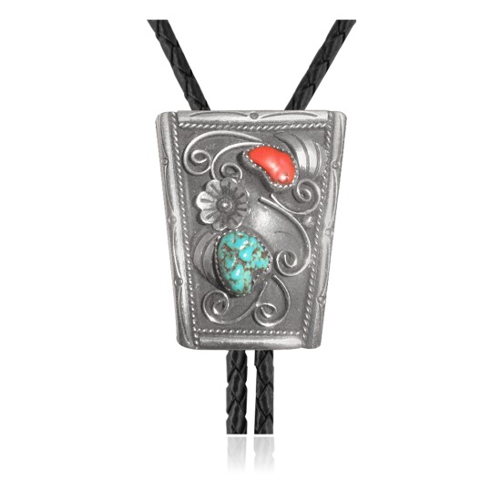 Handmade Certified Authentic Navajo .925 Sterling Silver Native American Natural Turquoise Coral Bolo Tie 34162
