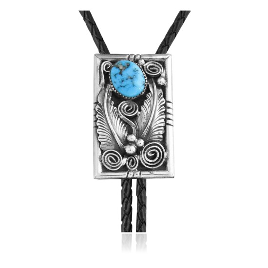 Feather .925 Sterling Silver Certified Authentic Handmade Navajo Native American Natural Turquoise Bolo Tie 34168