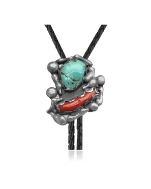 Handmade Certified Authentic Navajo .925 Sterling Silver Native American Natural Turquoise Coral Bolo Tie 34170 Handmade Certified Authentic Navajo .925 Sterling Silver Native American Natural Turquoise Coral Bolo Tie 34170