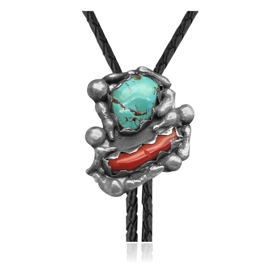 Handmade Certified Authentic Navajo .925 Sterling Silver Native American Natural Turquoise Coral Bolo Tie 34170