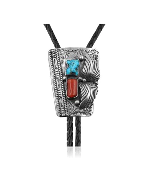 Feather .925 Sterling Silver Certified Authentic Handmade Navajo Native American Natural Turquoise Coral Bolo Tie 34173 Feather .925 Sterling Silver Certified Authentic Handmade Navajo Native American Natural Turquoise Coral Bolo Tie 34173