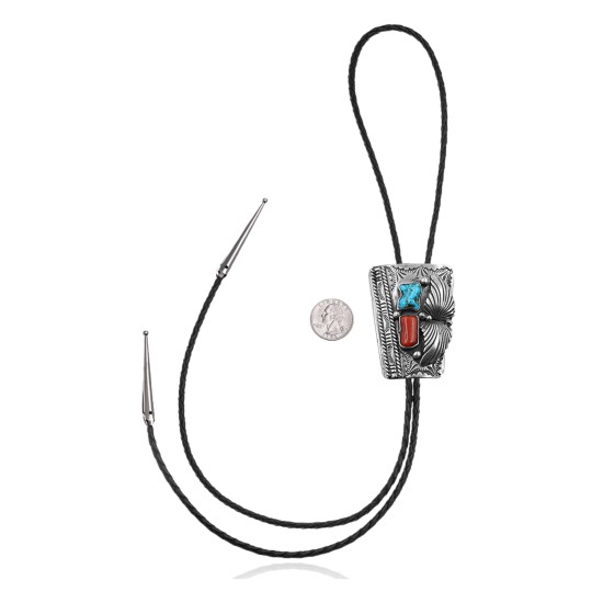 Feather .925 Sterling Silver Certified Authentic Handmade Navajo Native American Natural Turquoise Coral Bolo Tie 34173 Feather .925 Sterling Silver Certified Authentic Handmade Navajo Native American Natural Turquoise Coral Bolo Tie 34173