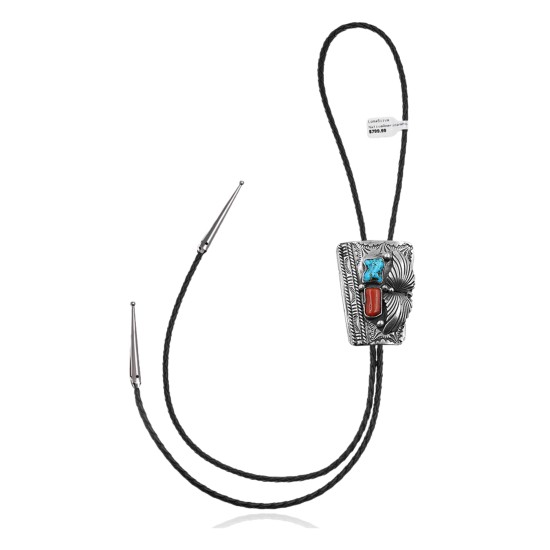 Feather .925 Sterling Silver Certified Authentic Handmade Navajo Native American Natural Turquoise Coral Bolo Tie 34173 Feather .925 Sterling Silver Certified Authentic Handmade Navajo Native American Natural Turquoise Coral Bolo Tie 34173