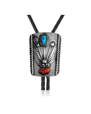 Feather .925 Sterling Silver Certified Authentic Handmade Navajo Native American Natural Turquoise Coral Bolo Tie 34174 Feather .925 Sterling Silver Certified Authentic Handmade Navajo Native American Natural Turquoise Coral Bolo Tie 34174