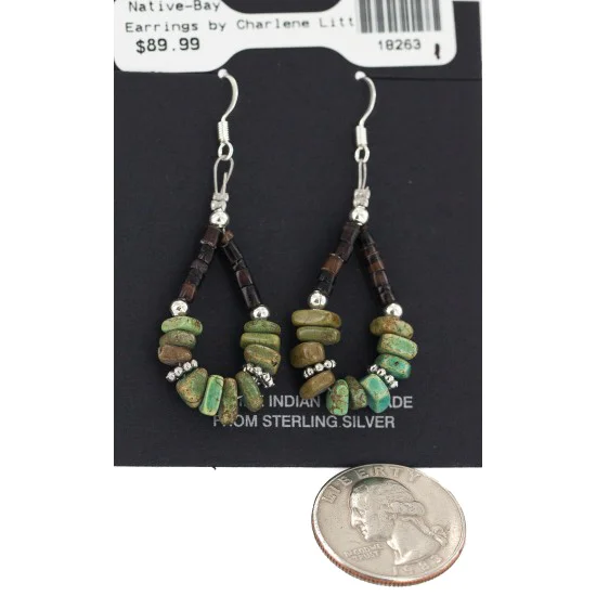 .925 Sterling Silver Hooks Certified Authentic Navajo Natural Turquoise Heishi Hoop Native American Earrings 18263-1