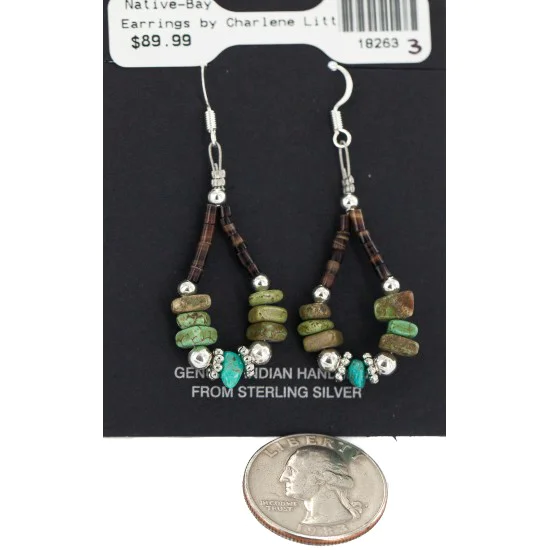 .925 Sterling Silver Hooks Certified Authentic Navajo Natural Turquoise Heishi Hoop Native American Earrings 18263-3