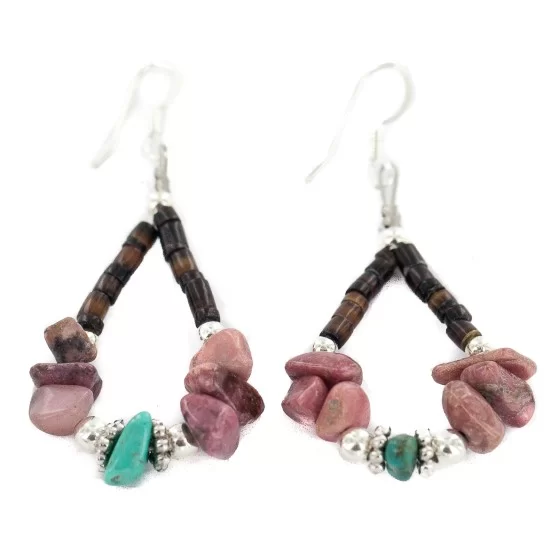 .925 Sterling Silver Hooks Certified Authentic Navajo Natural Turquoise Heishi Charoite Hoop Native American Earrings 18263-2 .925 Sterling Silver Hooks Certified Authentic Navajo Natural Turquoise Heishi Charoite Hoop Native American Earrings 18263-2