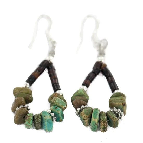 .925 Sterling Silver Hooks Certified Authentic Navajo Natural Turquoise Heishi Hoop Native American Earrings 18263-1