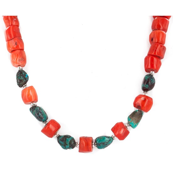 Certified Authentic Navajo .925 Sterling Silver Natural Turquoise Coral Native American Necklace 25341-2 Certified Authentic Navajo .925 Sterling Silver Natural Turquoise Coral Native American Necklace 25341-2