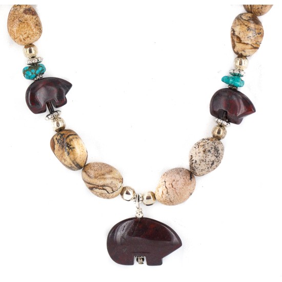Carved Fetish Bear .925 Sterling Silver Certified Authentic Navajo Natural Turquoise Jasper Native American Necklace 25341-3 Carved Fetish Bear .925 Sterling Silver Certified Authentic Navajo Natural Turquoise Jasper Native American Necklace 25341-3