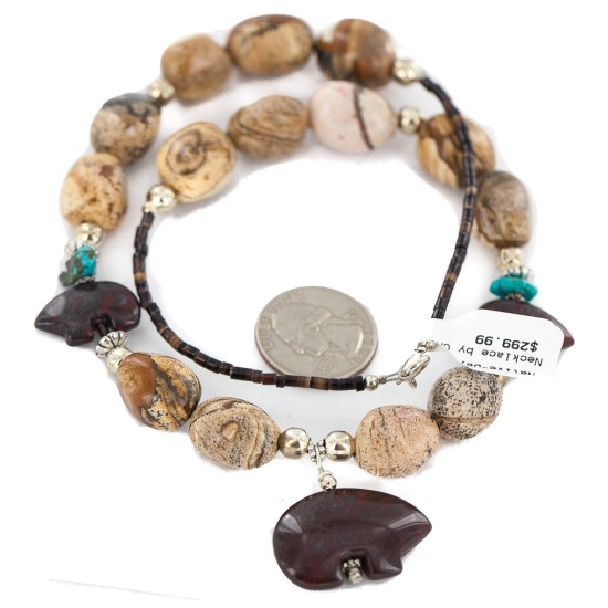 Carved Fetish Bear .925 Sterling Silver Certified Authentic Navajo Natural Turquoise Jasper Native American Necklace 25341-3 Carved Fetish Bear .925 Sterling Silver Certified Authentic Navajo Natural Turquoise Jasper Native American Necklace 25341-3