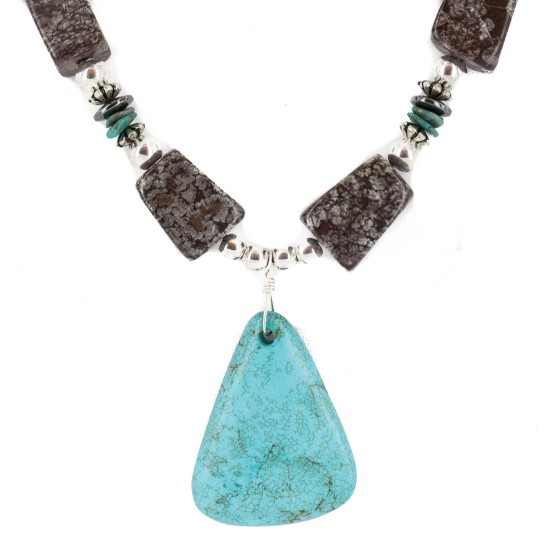 .925 Sterling Silver Certified Authentic Navajo Natural Turquoise Hematite Jasper Native American Necklace 25338-7 .925 Sterling Silver Certified Authentic Navajo Natural Turquoise Hematite Jasper Native American Necklace 25338-7