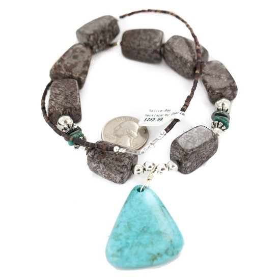 .925 Sterling Silver Certified Authentic Navajo Natural Turquoise Hematite Jasper Native American Necklace 25338-7 .925 Sterling Silver Certified Authentic Navajo Natural Turquoise Hematite Jasper Native American Necklace 25338-7