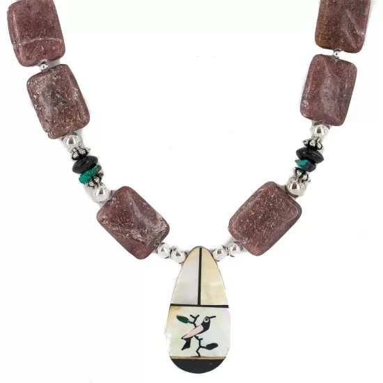 Bird Certified Authentic Navajo .925 Sterling Silver Inlay Natural Turquoise Mother of Pearl Black Onyx Agate Native American Necklace 25338-3 Bird Certified Authentic Navajo .925 Sterling Silver Inlay Natural Turquoise Mother of Pearl Black Onyx Agate Native American Necklace 25338-3
