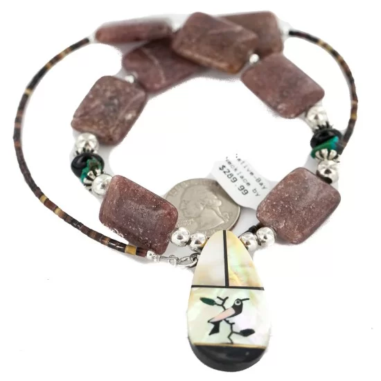 Bird Certified Authentic Navajo .925 Sterling Silver Inlay Natural Turquoise Mother of Pearl Black Onyx Agate Native American Necklace 25338-3 Bird Certified Authentic Navajo .925 Sterling Silver Inlay Natural Turquoise Mother of Pearl Black Onyx Agate Native American Necklace 25338-3