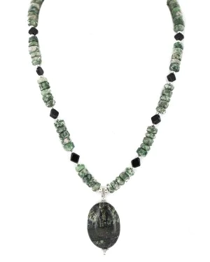 .925 Sterling Silver Certified Authentic Navajo Natural Green Jasper Black Onyx Native American Necklace 25339-3