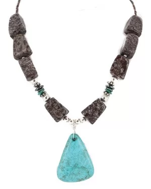 .925 Sterling Silver Certified Authentic Navajo Natural Turquoise Hematite Jasper Native American Necklace 25338-7