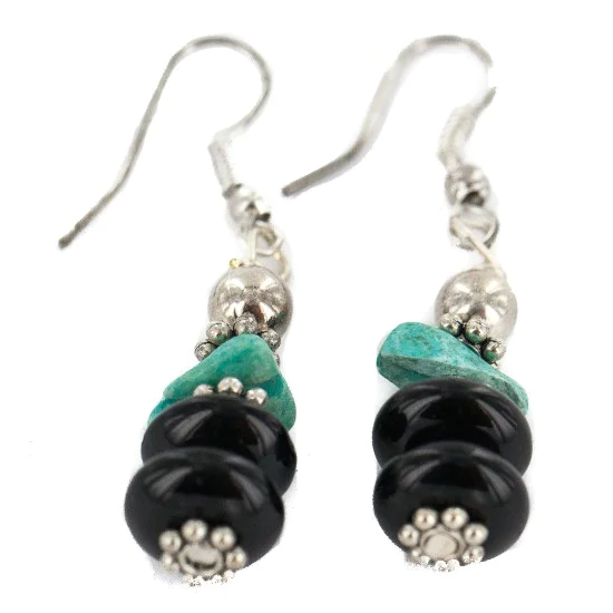 .925 Sterling Silver Hooks Certified Authentic Navajo Natural Turquoise Black Onyx Native American Dangle Earrings 18286-6 .925 Sterling Silver Hooks Certified Authentic Navajo Natural Turquoise Black Onyx Native American Dangle Earrings 18286-6