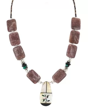 Bird Certified Authentic Navajo .925 Sterling Silver Inlay Natural Turquoise Mother of Pearl Black Onyx Agate Native American Necklace 25338-3