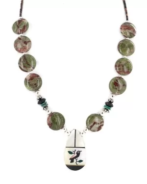 Bird Certified Authentic Navajo .925 Sterling Silver Inlay Natural Turquoise Mother of Pearl Black Onyx Blood Stone Native American Necklace 25338-4