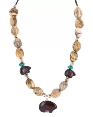 Carved Fetish Bear .925 Sterling Silver Certified Authentic Navajo Natural Turquoise Jasper Native American Necklace 25341-3