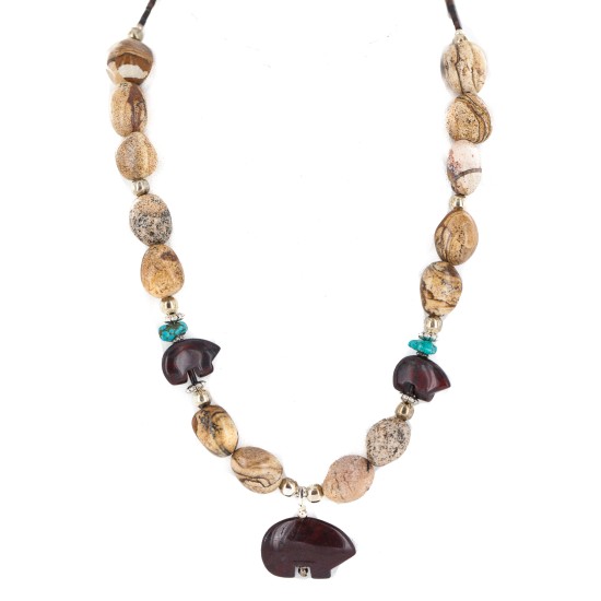 Carved Fetish Bear .925 Sterling Silver Certified Authentic Navajo Natural Turquoise Jasper Native American Necklace 25341-3 Carved Fetish Bear .925 Sterling Silver Certified Authentic Navajo Natural Turquoise Jasper Native American Necklace 25341-3