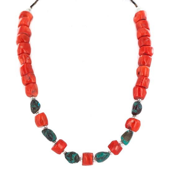 Certified Authentic Navajo .925 Sterling Silver Natural Turquoise Coral Native American Necklace 25341-2 Certified Authentic Navajo .925 Sterling Silver Natural Turquoise Coral Native American Necklace 25341-2