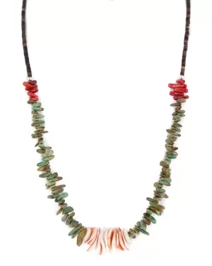 Certified Authentic Navajo .925 Sterling Silver Natural Turquoise, Spiny Oyster and Coral Native American Necklace 25341-1