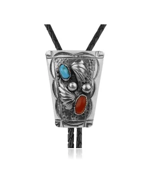 Feather .925 Sterling Silver Certified Authentic Handmade Navajo Native American Natural Turquoise Coral Bolo Tie 34175 Feather .925 Sterling Silver Certified Authentic Handmade Navajo Native American Natural Turquoise Coral Bolo Tie 34175