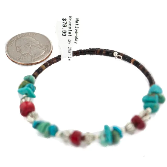 Navajo Certified Authentic Natural Turquoise Coral Heishi Native American Adjustable Wrap Bracelet 13172-5 Navajo Certified Authentic Natural Turquoise Coral Heishi Native American Adjustable Wrap Bracelet 13172-5