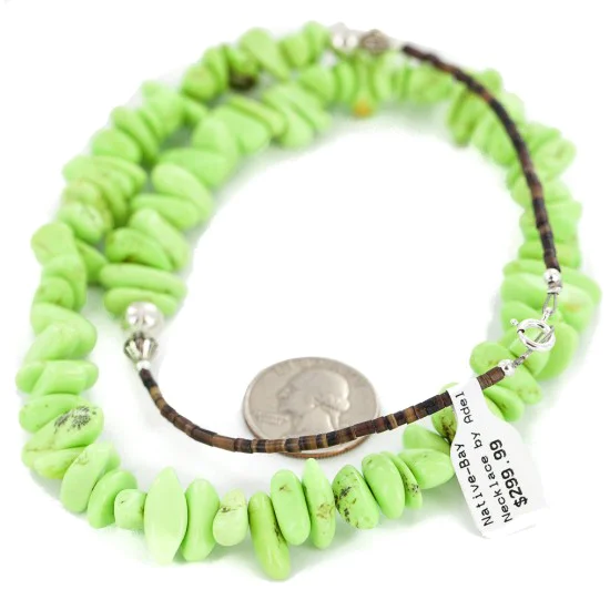 .925 Sterling Silver Certified Authentic Navajo Natural Gaspeite Native American Necklace 18265-1