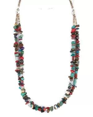 2 Strand .925 Sterling Silver Certified Authentic Navajo Natural Multicolor Stones Native American Necklace 750217
