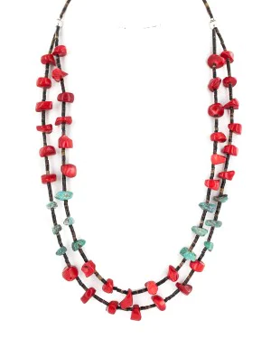 2 Strand Certified Authentic Navajo .925 Sterling Silver Natural Turquoise Coral Heishi Native American Necklace 750221