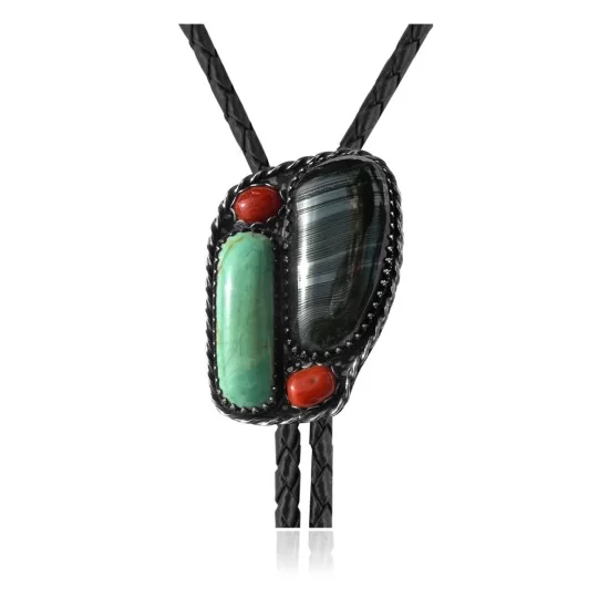 Handmade Certified Authentic Navajo .925 Sterling Silver Native American Natural Turquoise Coral Bolo Tie 34179 Handmade Certified Authentic Navajo .925 Sterling Silver Native American Natural Turquoise Coral Bolo Tie 34179