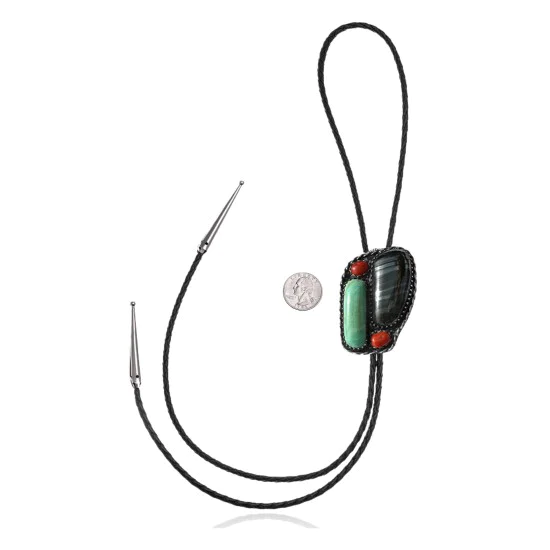 Handmade Certified Authentic Navajo .925 Sterling Silver Native American Natural Turquoise Coral Bolo Tie 34179 Handmade Certified Authentic Navajo .925 Sterling Silver Native American Natural Turquoise Coral Bolo Tie 34179