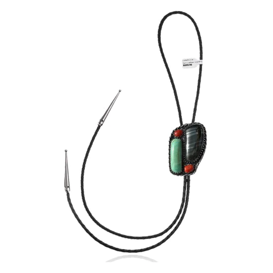 Handmade Certified Authentic Navajo .925 Sterling Silver Native American Natural Turquoise Coral Bolo Tie 34179 Handmade Certified Authentic Navajo .925 Sterling Silver Native American Natural Turquoise Coral Bolo Tie 34179