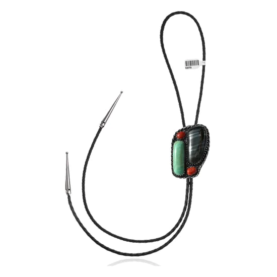 Handmade Certified Authentic Navajo .925 Sterling Silver Native American Natural Turquoise Coral Bolo Tie 34179 Handmade Certified Authentic Navajo .925 Sterling Silver Native American Natural Turquoise Coral Bolo Tie 34179