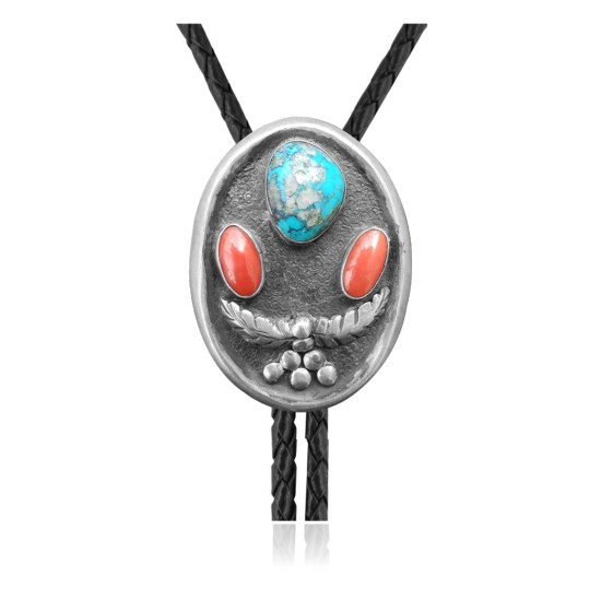 Feather .925 Sterling Silver Certified Authentic Handmade Navajo Native American Natural Turquoise Coral Bolo Tie 34181