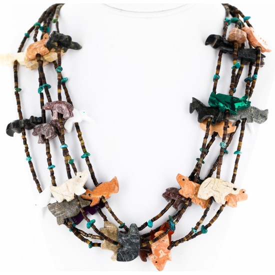 Carved Fetish $500 Large Certified Authentic 5 Strand Navajo .925 Sterling Silver Natural Turquoise Multicolor Stones Native American Necklace 15992-7 Carved Fetish $500 Large Certified Authentic 5 Strand Navajo .925 Sterling Silver Natural Turquoise Multicolor Stones Native American Necklace 15992-7