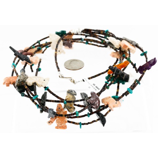 Carved Fetish 5 Strand Navajo .925 Sterling Silver Turquoise Multicolor Stones Native American Necklace 15992-4
